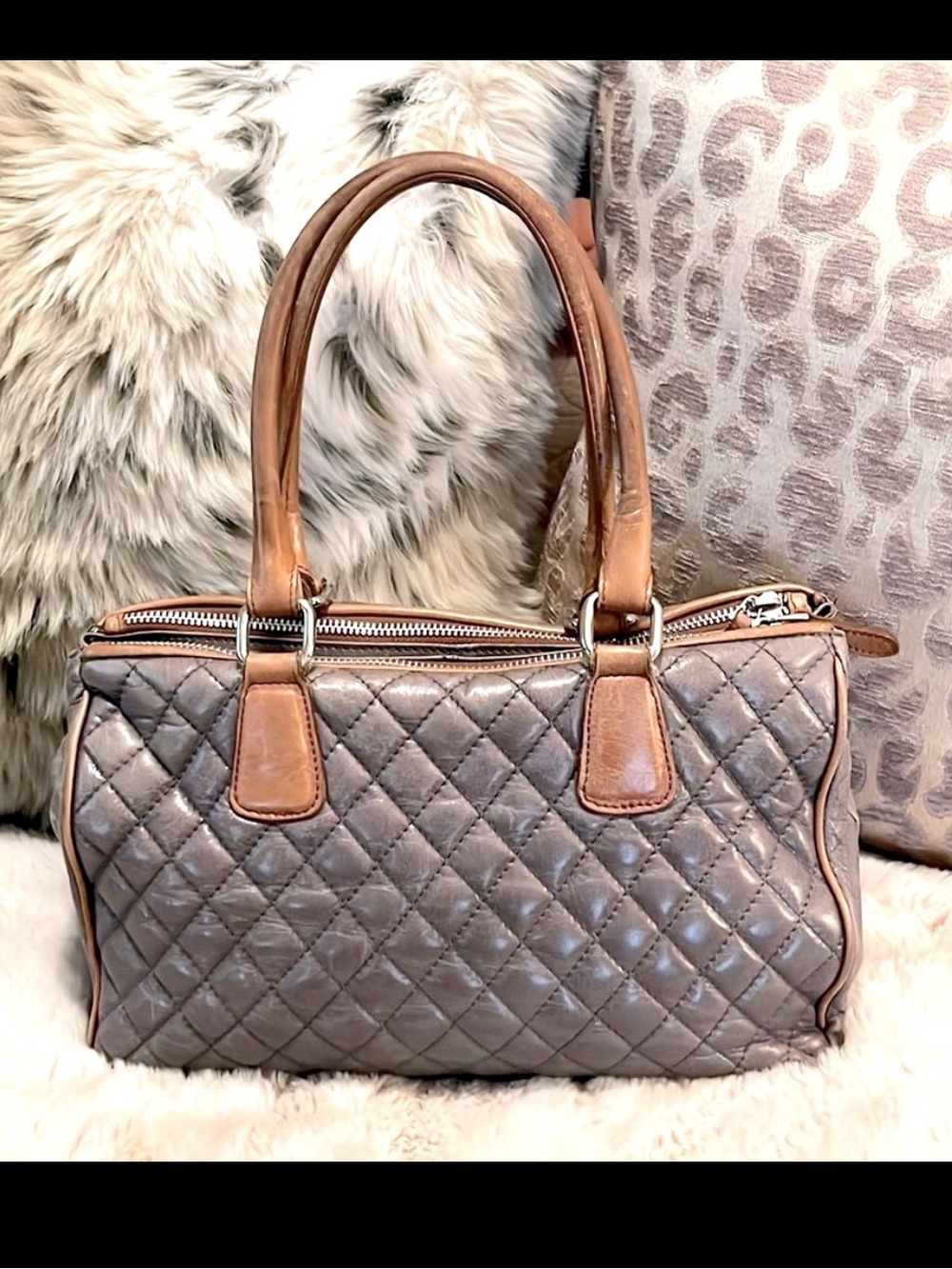 Vintage Sundance Italy Quilted Gray Tan Two Tone Leather Satchel Tote Bag Purse